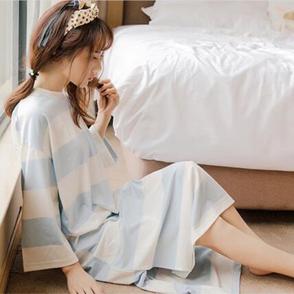 秋季纯棉睡衣女韩版条纹圆领长袖睡裙宽松甜美可爱